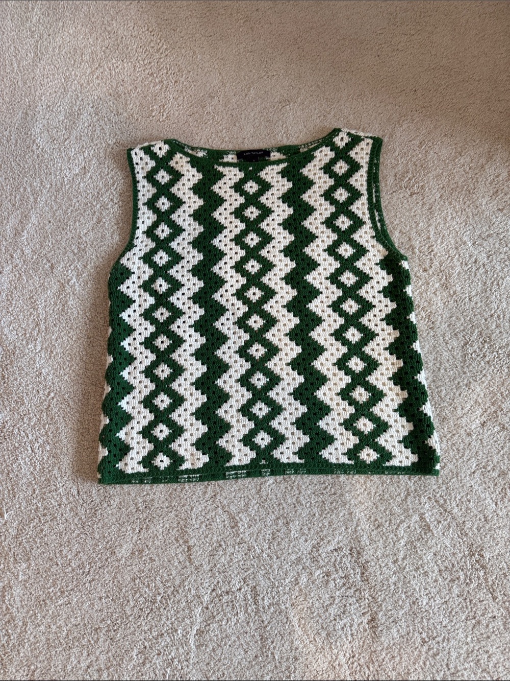 LOFT Green and White Crochet Tank Sweater